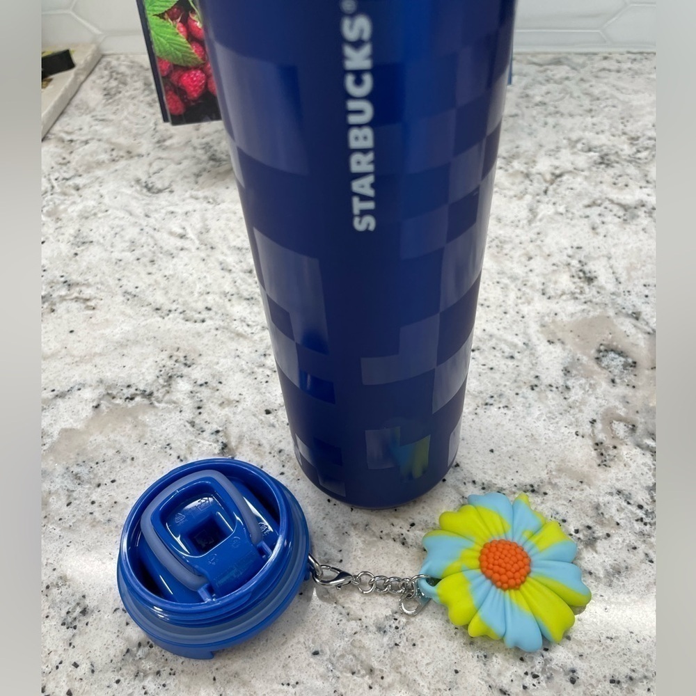 Starbucks 2024 Sapphire Blue Checkered SS Daisy Charm Tumbler. NWT. HFT. Wow! - Picture 9 of 10